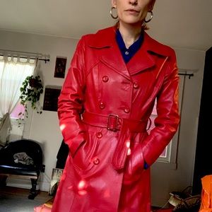 Amazing Red Leather Vintage Fitted Trench